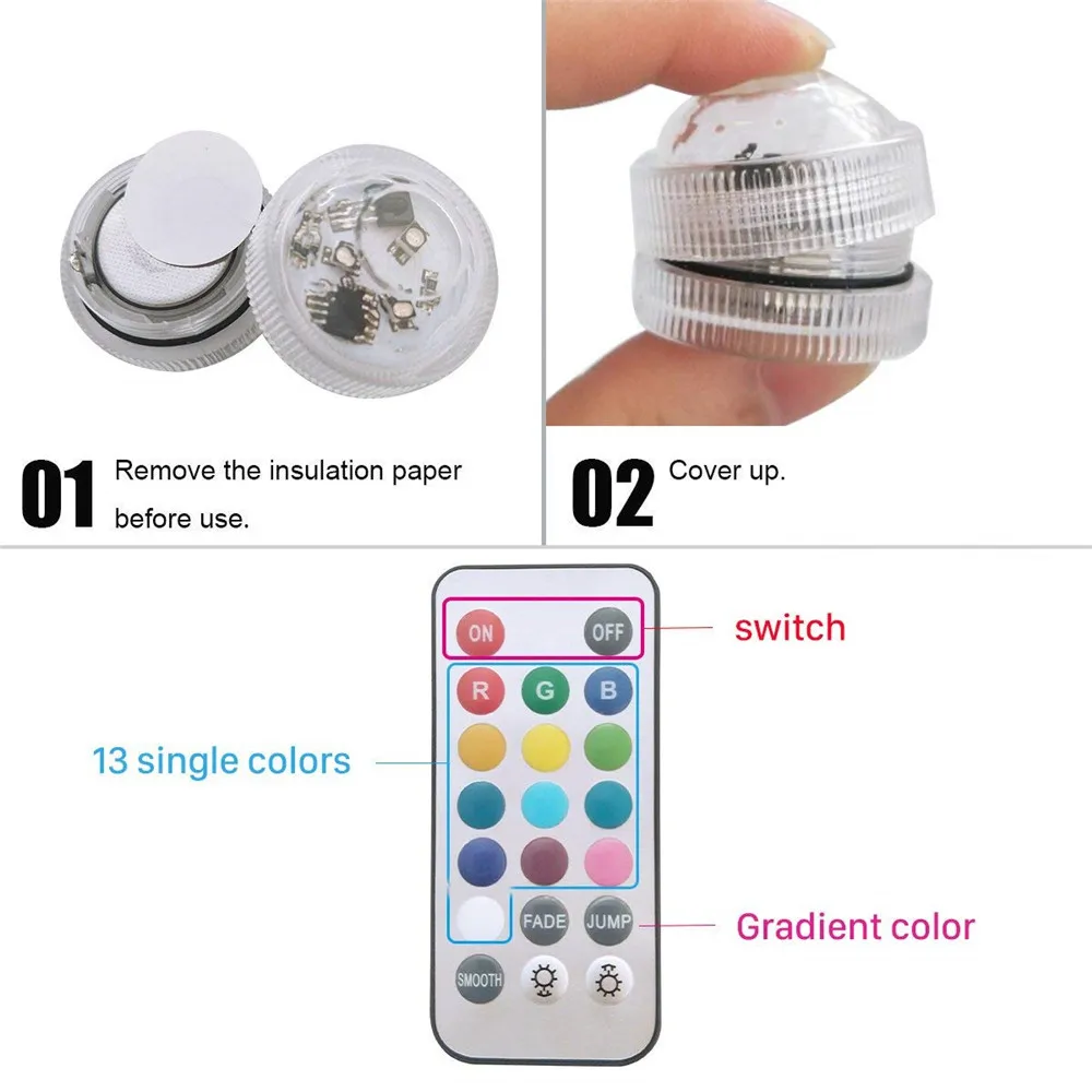 IP68 Waterproof Battery Operated Multi Color Submersible LED Underwater Light for Fish Tank Pond Swimming Pool Wedding Party