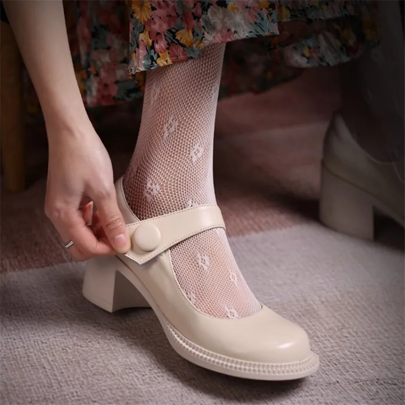 

White Black Mary Jane Shoes Women's Round Head Lolita Retro High Chunky Heels Jk Uniform Female Elegance Lady Gothic Women Shoes