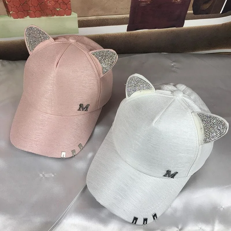 New Women\'s Summer Fall Black White Pink Hat Cat Ears Baseball Cap with Rings and Lace Diamond Cute Girl Hat