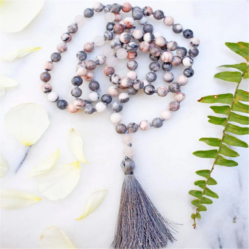 

8mm Pink Zebra stone 108 Beads Gemstone Tassel Mala Necklace Blessing Spirituality Yoga Healing Chakra Buddhist Cuff Prayer Men