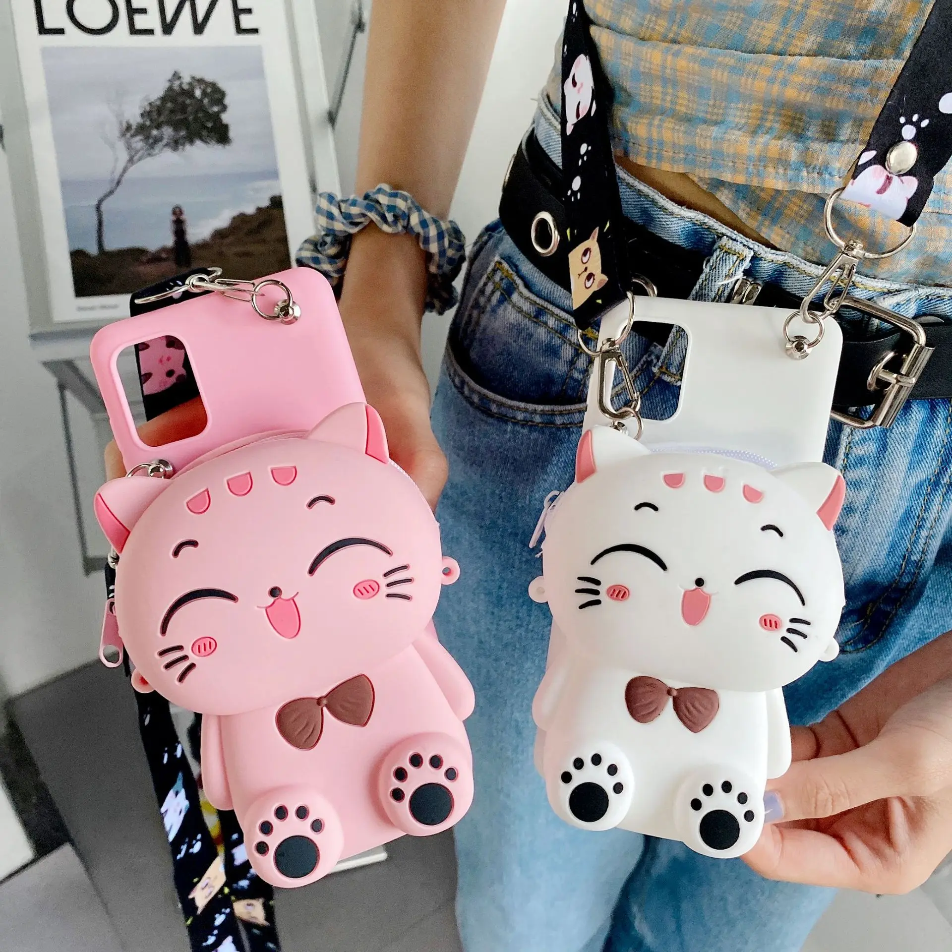 Cartoon 3D Cat Coin Wallet Case For Apple iPhone 15 14 13 12 mini 11 Pro 6 6S 7 8 Plus XR XS Max Cute Bags Cover With Rope