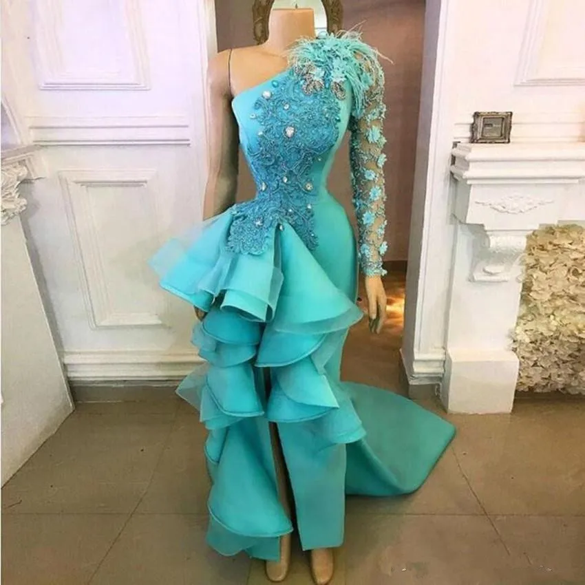 Gaun Malam Satu Bahu Biru Merak Baru 2020 Gaun Pesta Formal Peplum Applique Bunga Buatan Tangan dengan Gaun Prom Terpisah