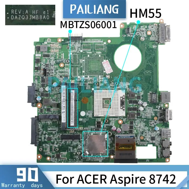 

PAILIANG Laptop motherboard For ACER Aspire 8742 Mainboard DAZQ3JMB8A0 MBTZS06001 HM55 DDR3 tesed