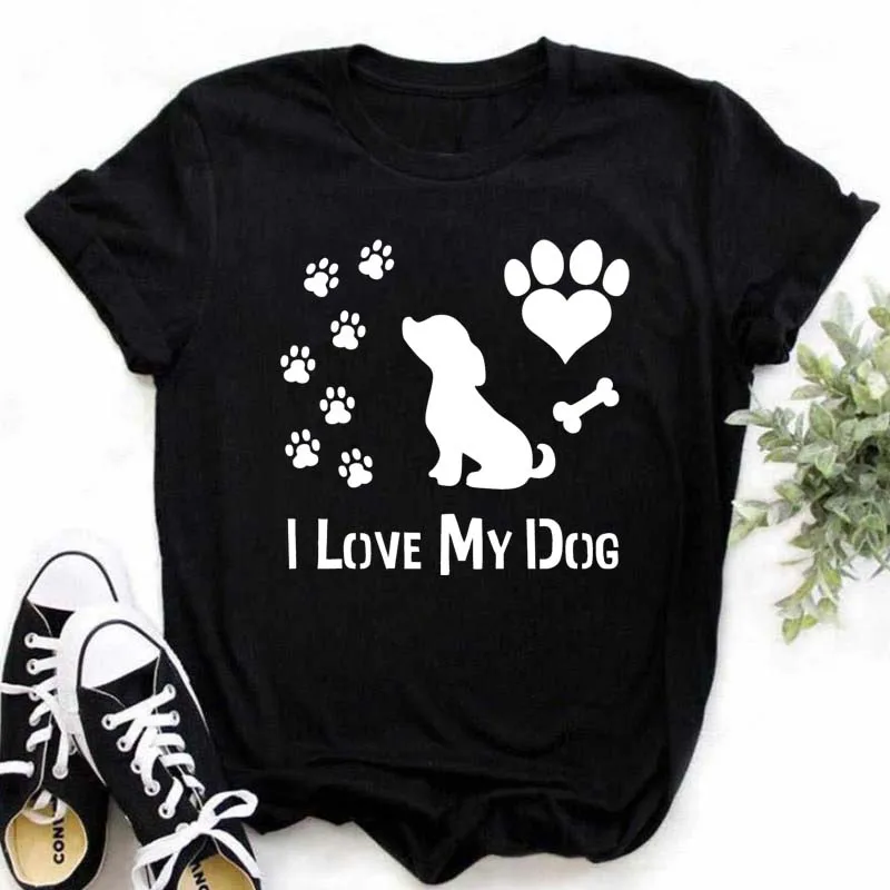Women Dogs Paws Love Heart Printed T-shirts Fashion Summer Short Sleeve Lady Womens Clothes Tops T-Shirt Black Shirt Tees Female