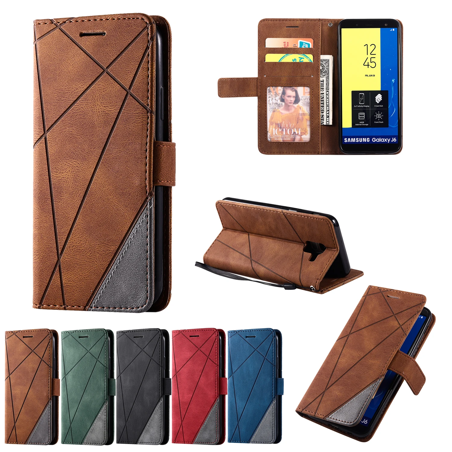 Luxury Flip Cover J3 J330 J5 J510 J530 J7 Next Core Neo J7 2017 J8 J6Plus J7 Prime Holder  Leather Wallet Card Slots Case Stand