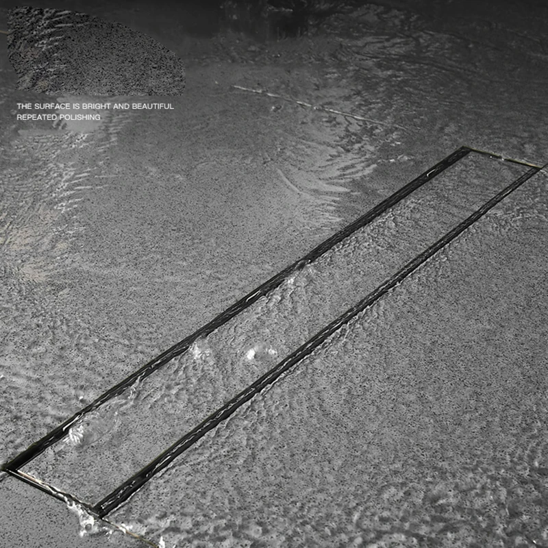 Black Long Strip Floor Drain Shower Large Displacement Bathroom Rectangular Extended Deodorant Invisible Stainless Steel