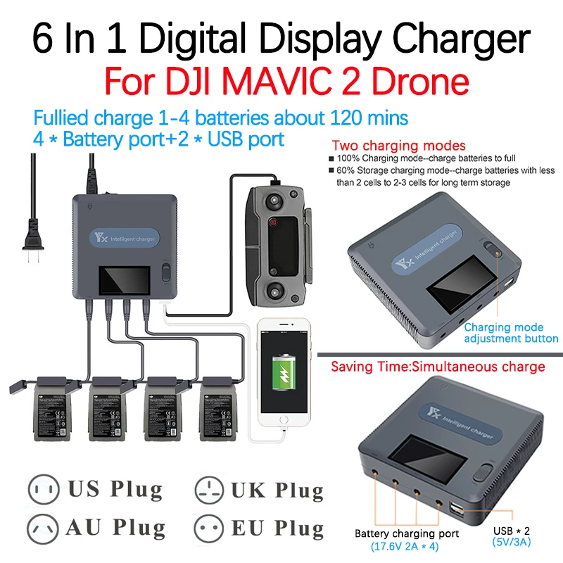 For DJI MAVIC 2 Pro Zoom Drone 6in1 Digital Display Charger Hub 4 Battery Simultaneous Charging With Discharge Mode Accessories