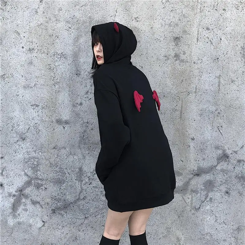 HOUZHOU Harajuku Women Hoodies Emo Gothic Sweatshirt Autumn Winter Kawaii Demon Fly Wings Loose Female Clothes Goth Streetwear