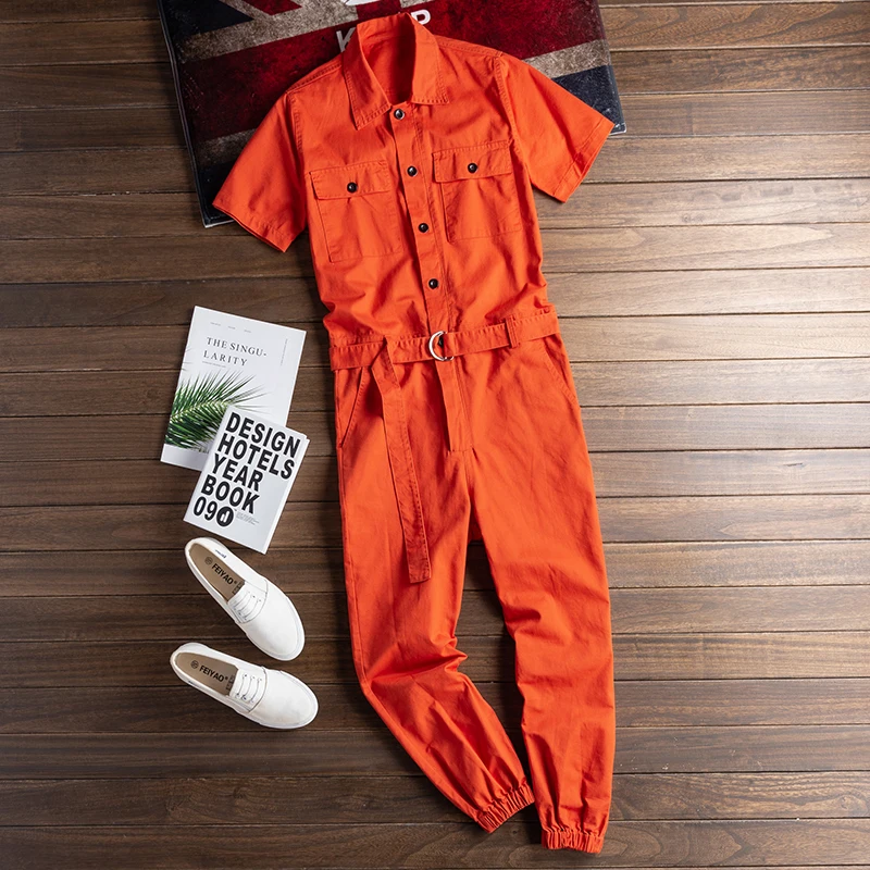 ZYYong Summer Men\'s Orange Short-Sleeved Jumpsuit Hip Hop Casual Multi-Pocket Solid Color Men\'s Overalls Fashion Men\'s Trousers