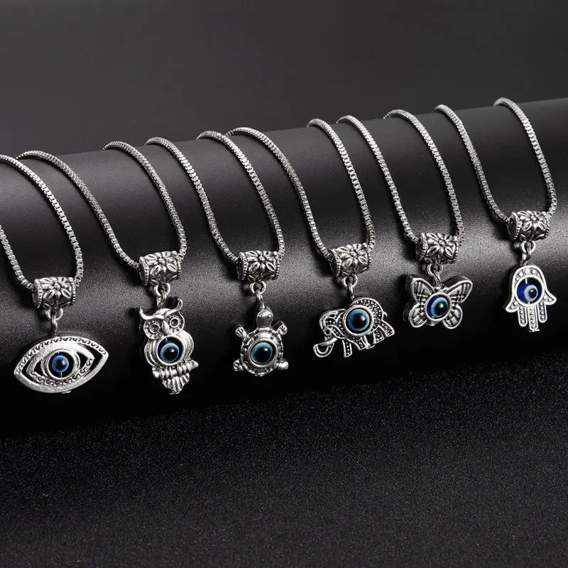 Fashion Ancient Silver Color Turkish Evil Eye Pendant Necklace for Women Butterfly Lucky Elephant Choker Chain Couple Jewelry