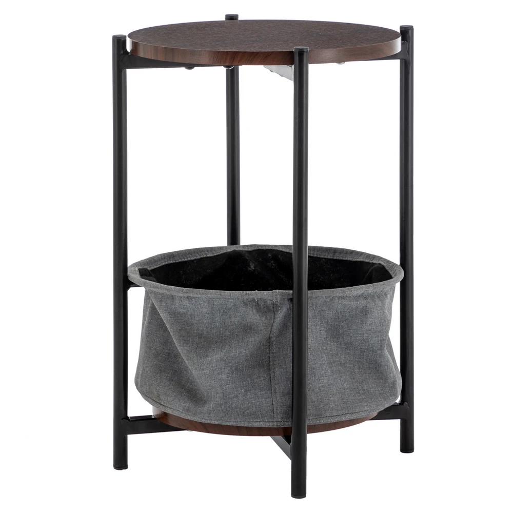 Side Coffee Table MDF Double-Layer Round Tea Table with Storage Basket Gray[US-Stock]