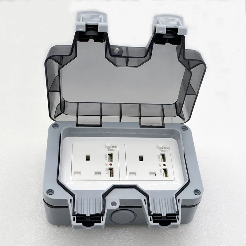 Hot Sale New UK Standard Wall Socket 250V 13A Outdoor Waterproof Power Supply With Two Switches 4 USB  Jack Special Wholesale