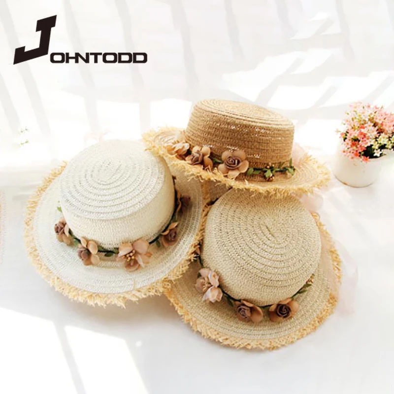 Parent-child sun hat big brim hat brim beach hat handmade flower straw hat girl sun hat summer hat female tide wide brim hat cap