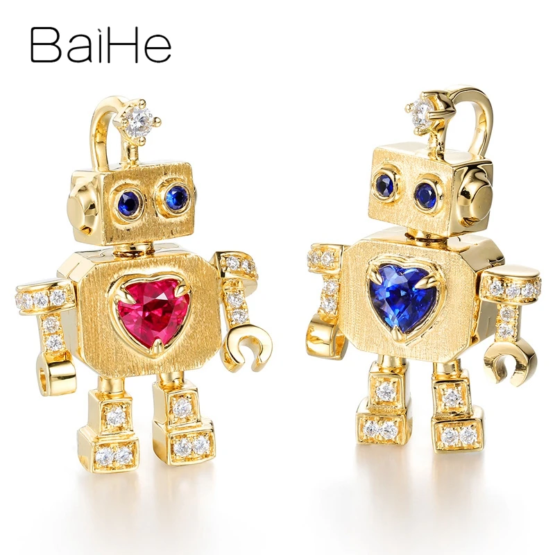 

BAIHE Solid 18K Yellow Gold 0.20ct Heart Natural Ruby/Sapphire Robot Pendant Women Men Trendy Fine Jewelry Making Colgante robot