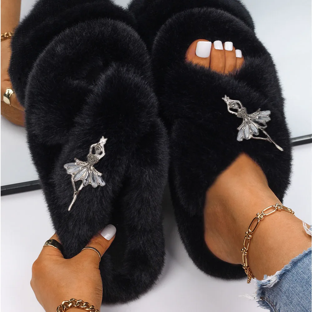 

Women's Slippers Shoes Dancing Girl Decor Fluffy Flip Flop Faux Fur Sandals Furry Indoor Slippers Slides Luxury Designer Brand