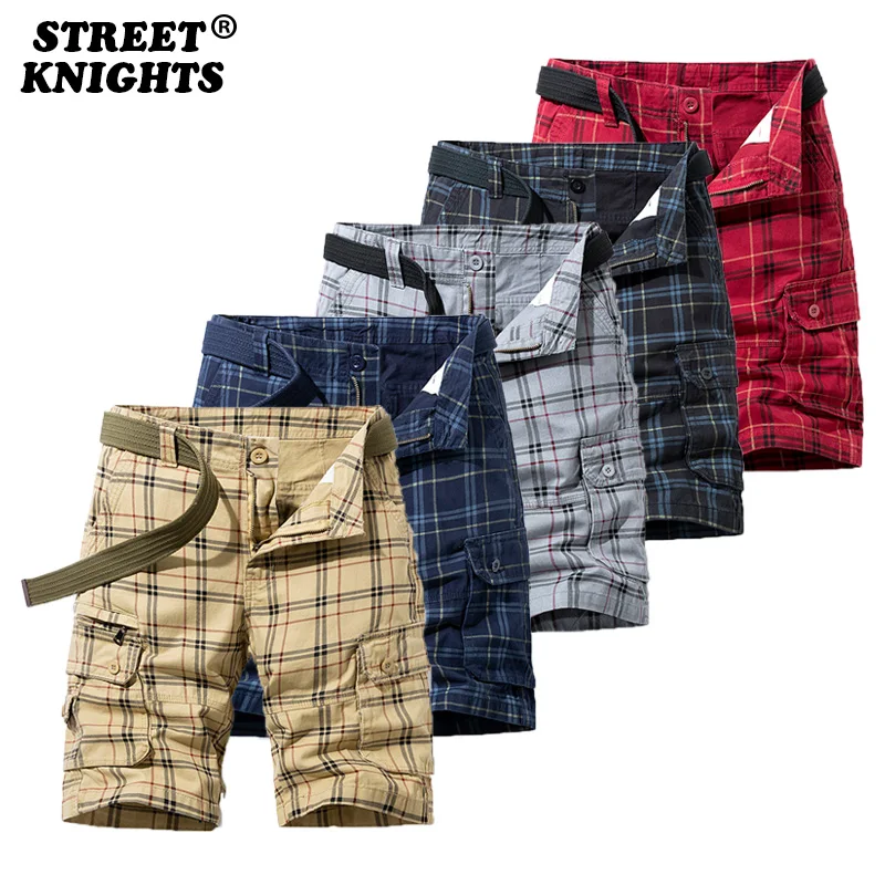 2023 New Summer Fashion Plaid 100% Cotton Casual Breeches Cargo Men Shorts Men Breathable Quick Dry Multi Pocket Hip Hop Shorts