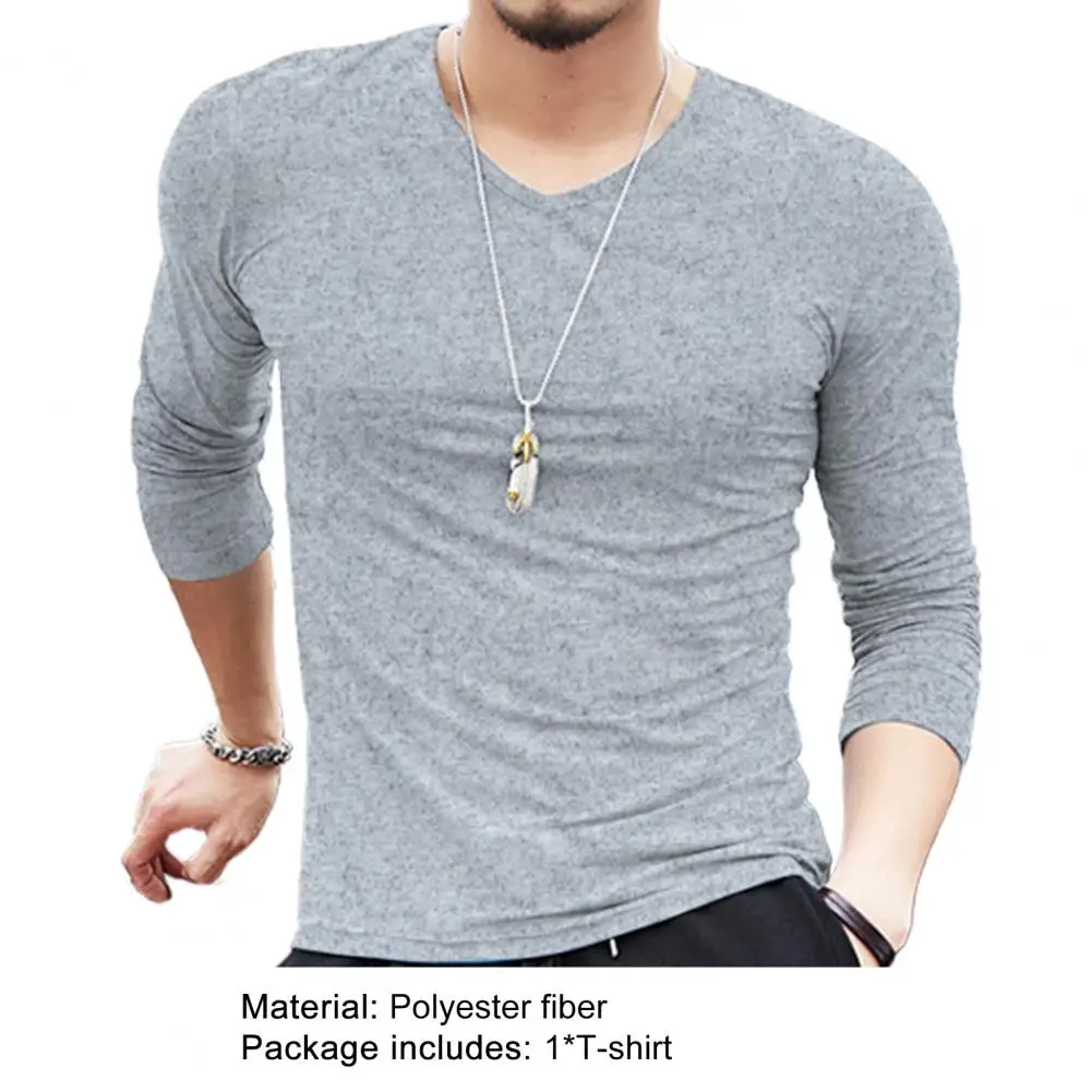 T-shirt Men Long Sleeve Shrink-resistant Solid Color V Neck Bottoming Shirt Pullover Top Long Sleeve Stretchy Slim T-shirt Men