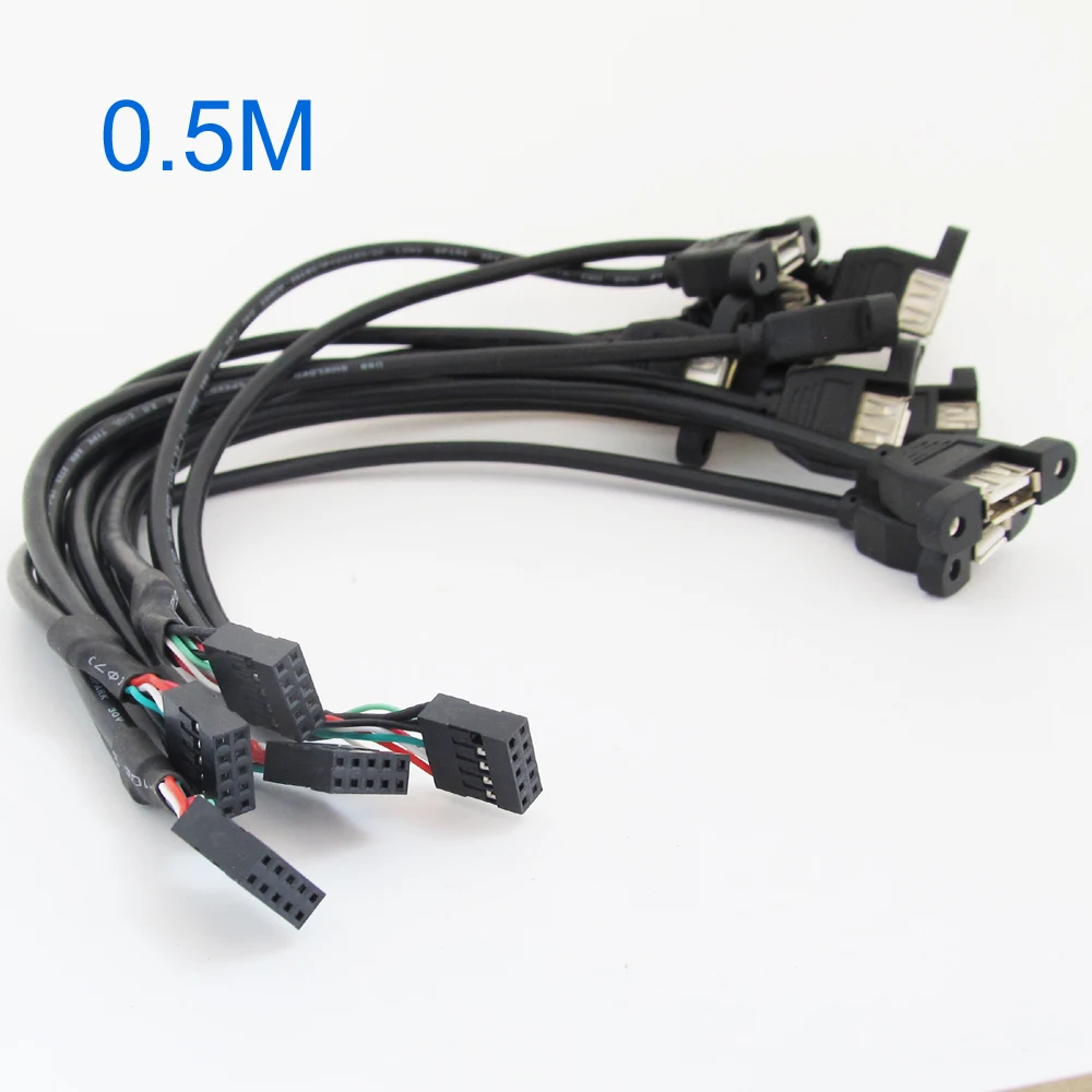 1pc Black 50cm 2 Port USB A Female to Internal 9 Pin Header Adapter Cable