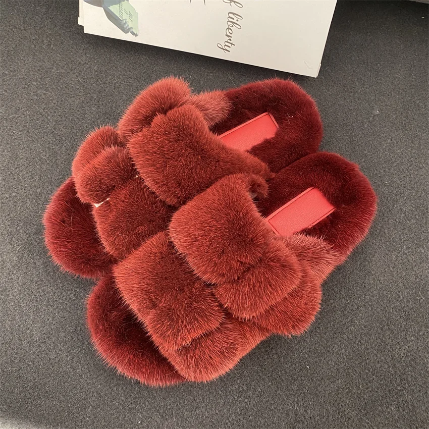 2022 Women\'s Home Slippers. Authentic Luxury Mink Adjustable Buckle Furs Sandals. Winter New Casual Flat Outdoor Fur Shoes