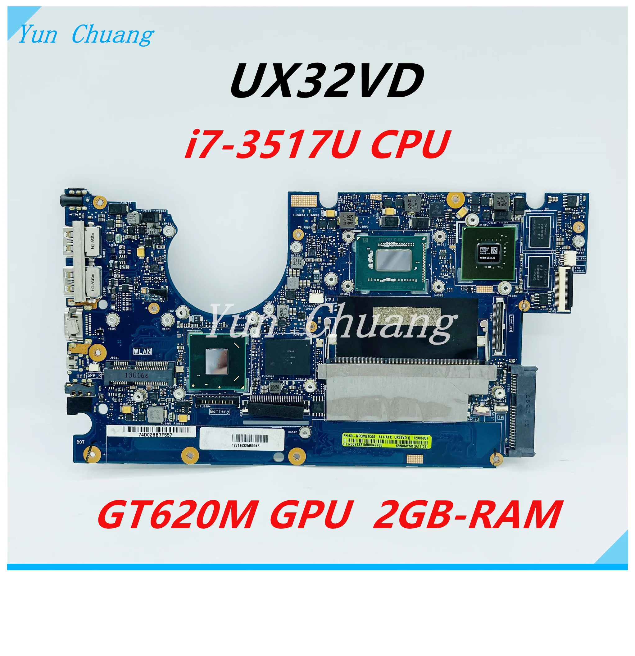 UX32VD Mainboard is suitable for ASUS Zenbook UX32VD UX32V laptop motherboard with I7-3517U CPU GT620M GPU 2G-RAM 100% test OK