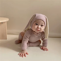 4PCS Summer Infant Newborn Baby Boys Girls Bodysuits Cute Bunny Ear Bodysuits Hat and Cocks Baby Clothes Jumpsuit Outfits