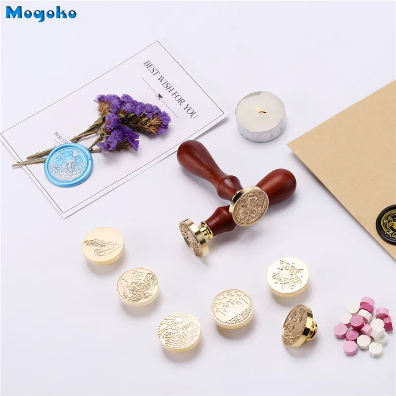 Mogoko New Wax Seal Stamps Retro Wood Classic Spider Flower Cat Paw Heart Knot Sealing Wax Stamps For Bottle Envelope Card Decor