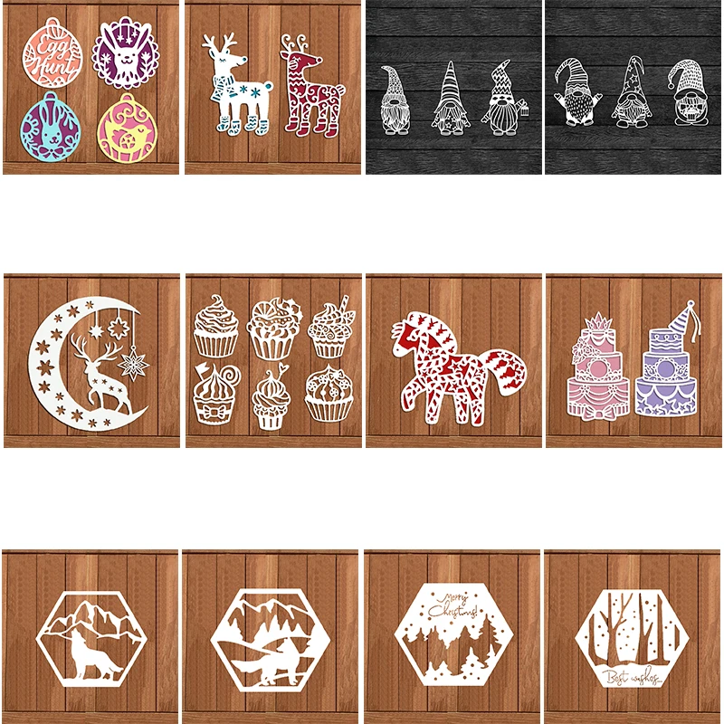 

Merry Christmas Scene Hexagon Dies Gnome Reindeer Egg Hunt Metal Cutting Dies Birthday Cake Dessert Die Cut for Paper Craft DIY