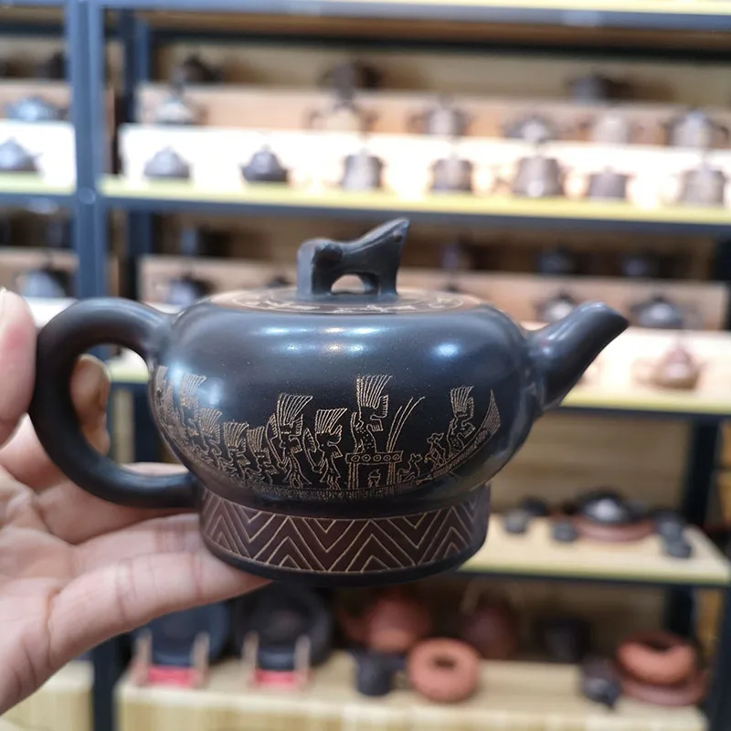 Hand Carving Qinzhou Nixing Pottery Tonggu Teapots  with  National Style on Nixing Clay Teapot 220cc for Puer Tea Liu Pao Tea