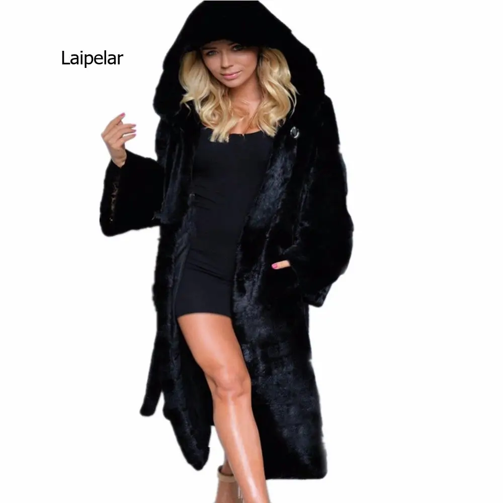 New women black fur Coat Jacket Luxury Women Winter Long Mink Faux Fur Coat with a Hooded