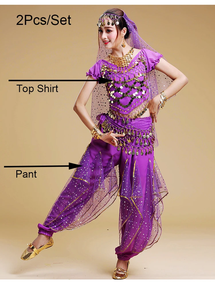Kostium do tańca brzucha dla dorosłych, krótkie rękawy, szyfonowy strój z monetami dla kobiet, orientalne indyjskie kostiumy taneczne, strój do tańca brzucha na scenę.