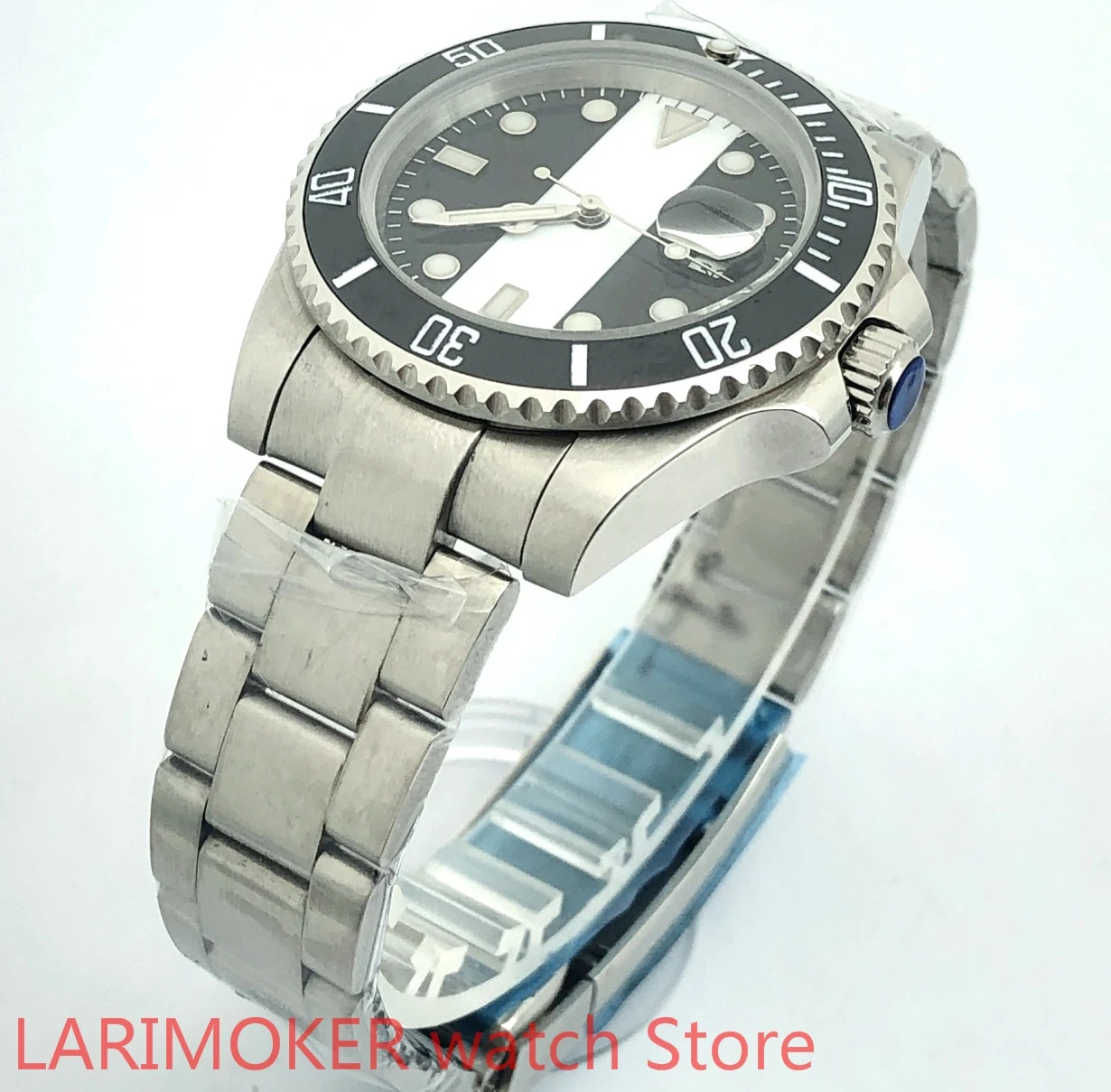 الفولاذ المقاوم للصدأ حزام سوار الياقوت الزجاج الأسود الأبيض الهاتفي الأسود الحافة التلقائي لف مقاوم للماء 100 م ساعة رجالي