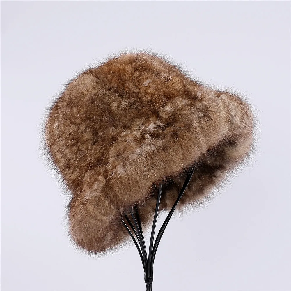 Highend Women\'s Winter Knitted 100% Real Sable Fur hat Fur Top Bucket Cap Female Warm Thick