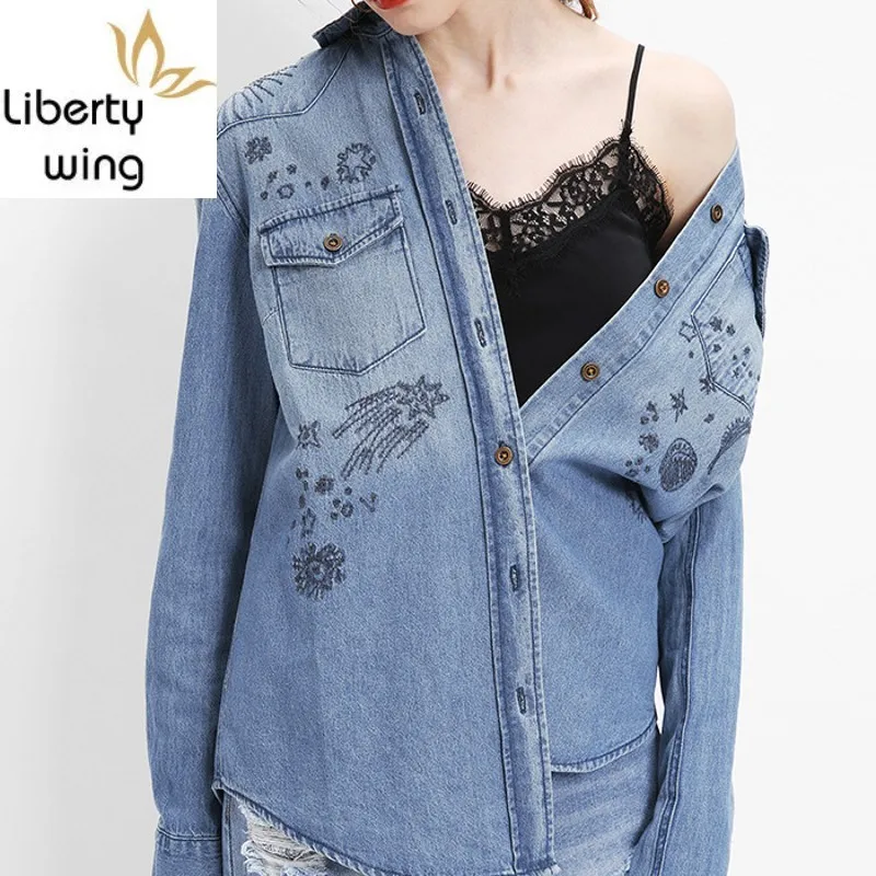 Musim Semi Baru Lengan Panjang Denim Fashion Wanita Katun Dicuci Jean Shirts Single Breasted Blus Atasan Wanita