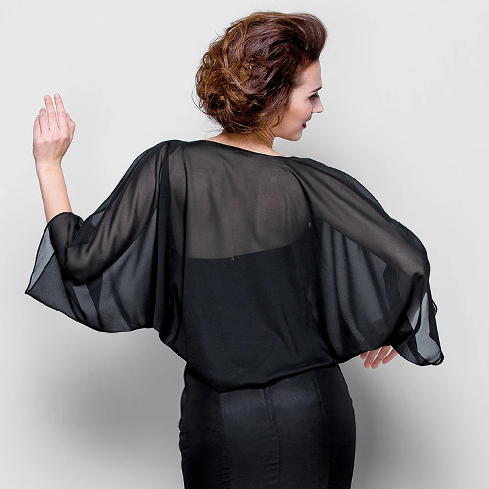 Women Chiffon Bolero Prom Party Illusion Shrug Elegant Soft Wedding Bridal Cape Female Evening Shawl Black Red White