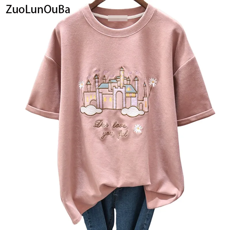 Summer Casual Fashion Women T Shirt Embroidery Letter Chrysanthemum Pink Dream Castle Harajuku Tees Korean Loose Tops Female