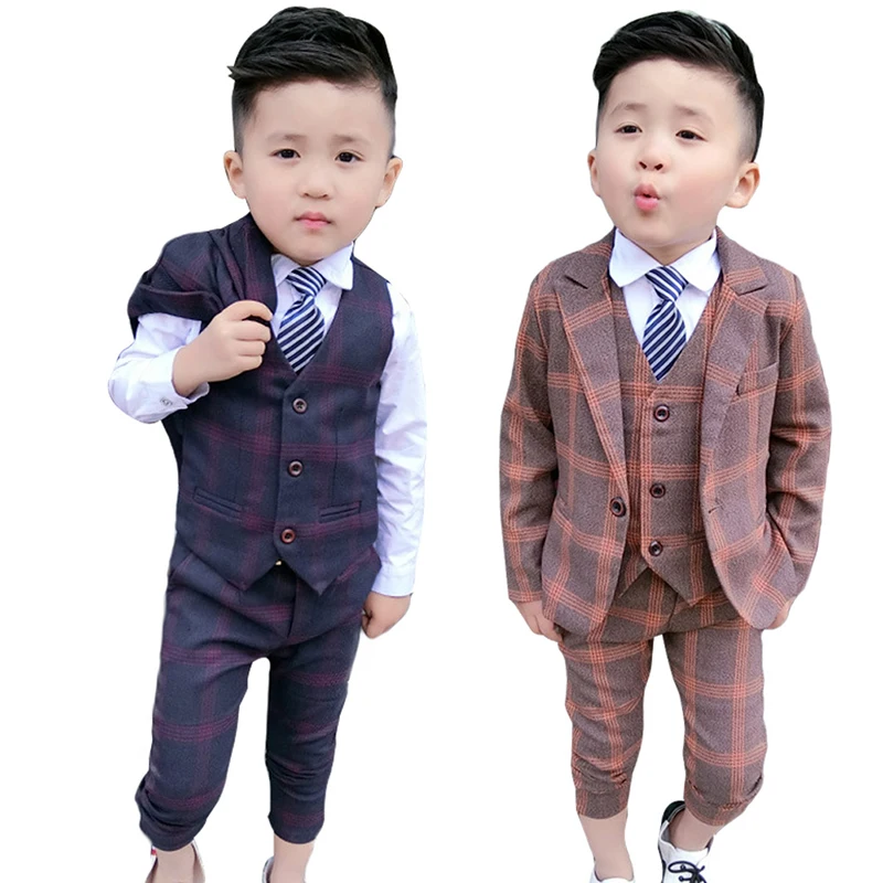 LOLANTA 5Pcs Kids Boys Gentleman Suit Plaid Formal Attire Jacket Coat+Pants+T-Shirt+Vest+Tie Outfit Birthday Party Clothes