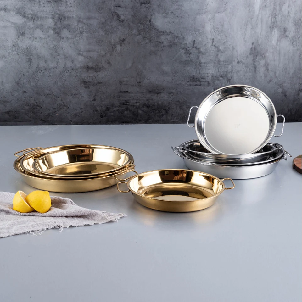 Golden Stainless Steel Disc Cold Skin Cake Plate Rice Rolls Steamed Plate Flat Bottom Household Pastry Fruit Snack Tray