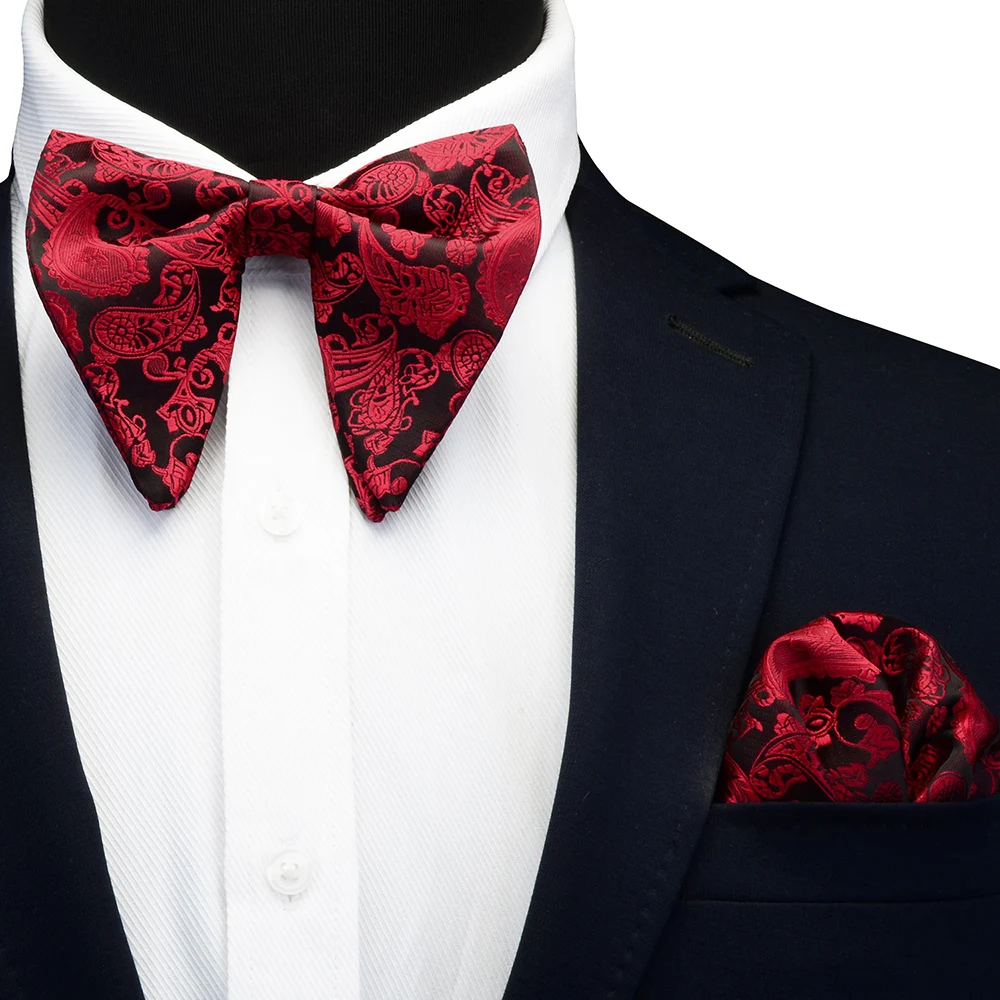 Ricnais Silk Big Bow Tie Set For Men Red White Paisley Pocket Square Bowtie Suit Mens  Business Wedding Hankerchief Ties Gifts