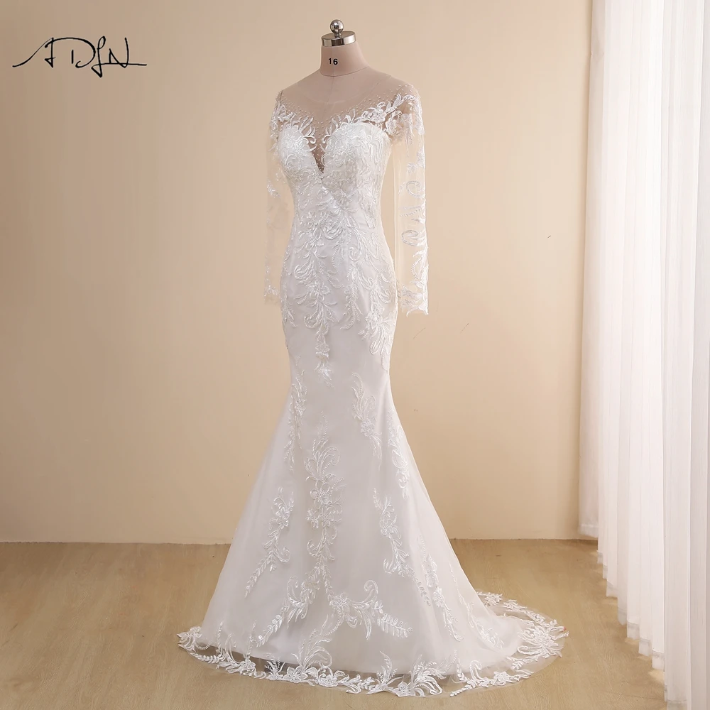 ADLN – robe de mariée sirène en dentelle, col transparent, manches longues, dos transparent, personnalisée, 2021