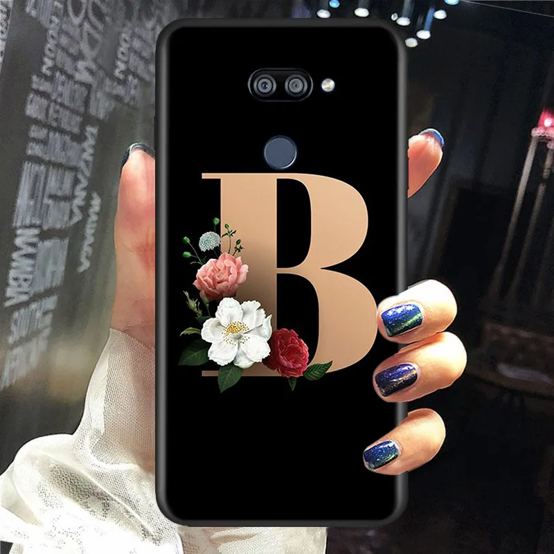Letter Alphabet Flowers For LG K22 K71 K61 K51S K41S K30 K20 2019 Q60 V60 V50S V50 V40 V35 V30S G8 G8X ThinQ Black Phone Case