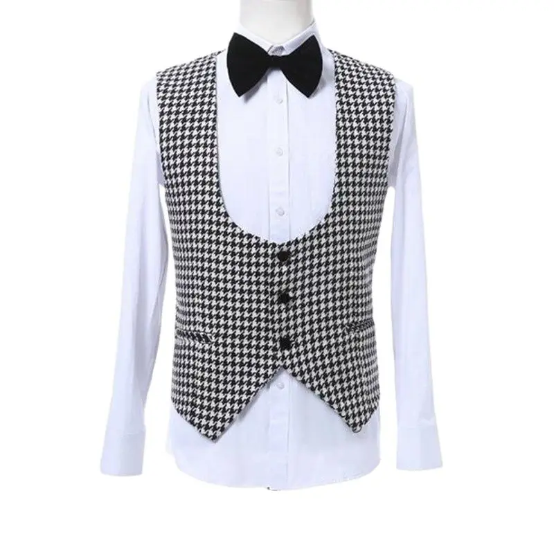 Customize Houndstooth Cotton Material Vests Slim Fit Fashion Prom U Neckline Waistcoat W: 06