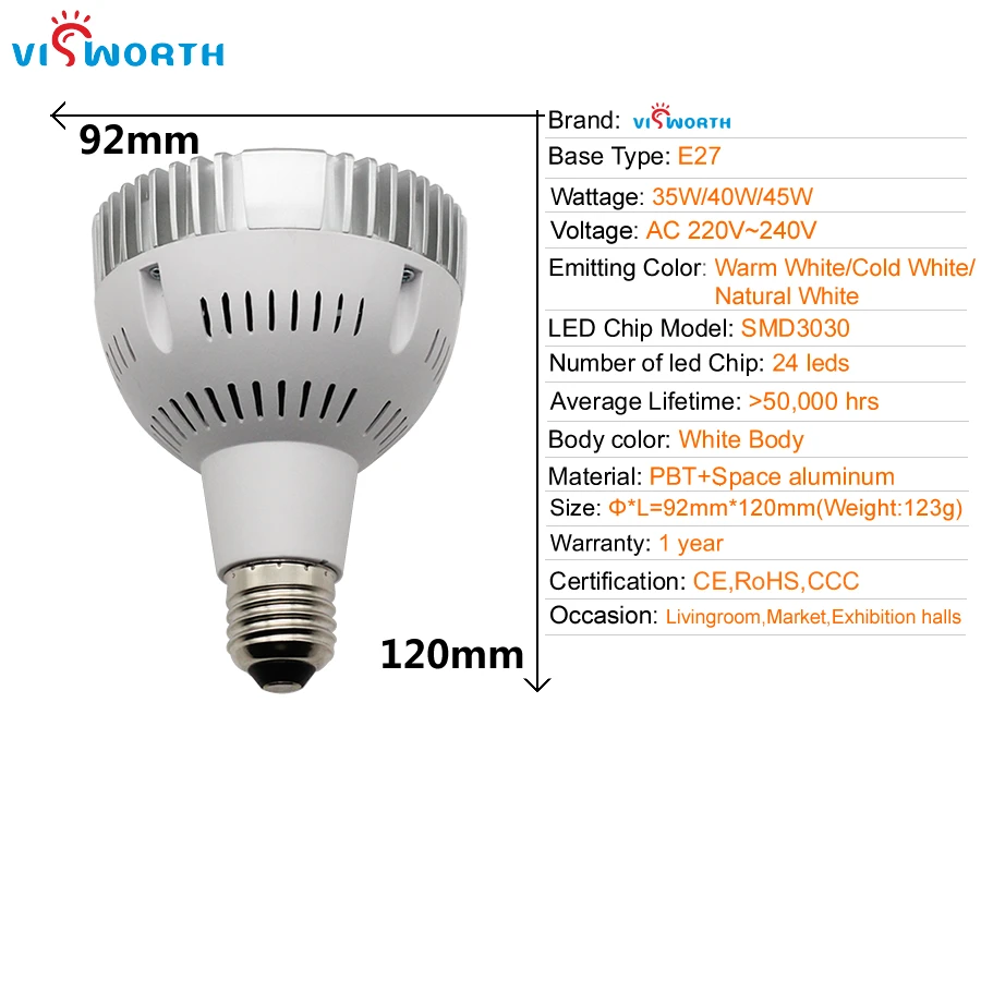 Par30 Led Spotlight 35W 40W 45W Showcase Lamp E27 Warm White Natura White Cold White Led Bulb Ac 220V 230V 240V for Home