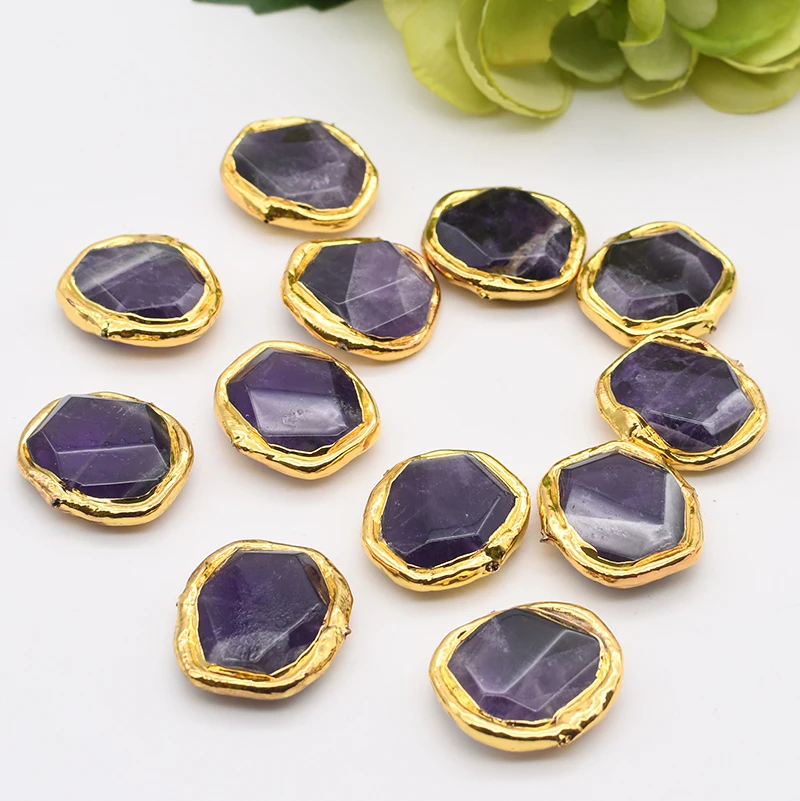 5PCS Natural Purple Amethyst Rectangle Gold Plated Edge Connector Spacer Beads