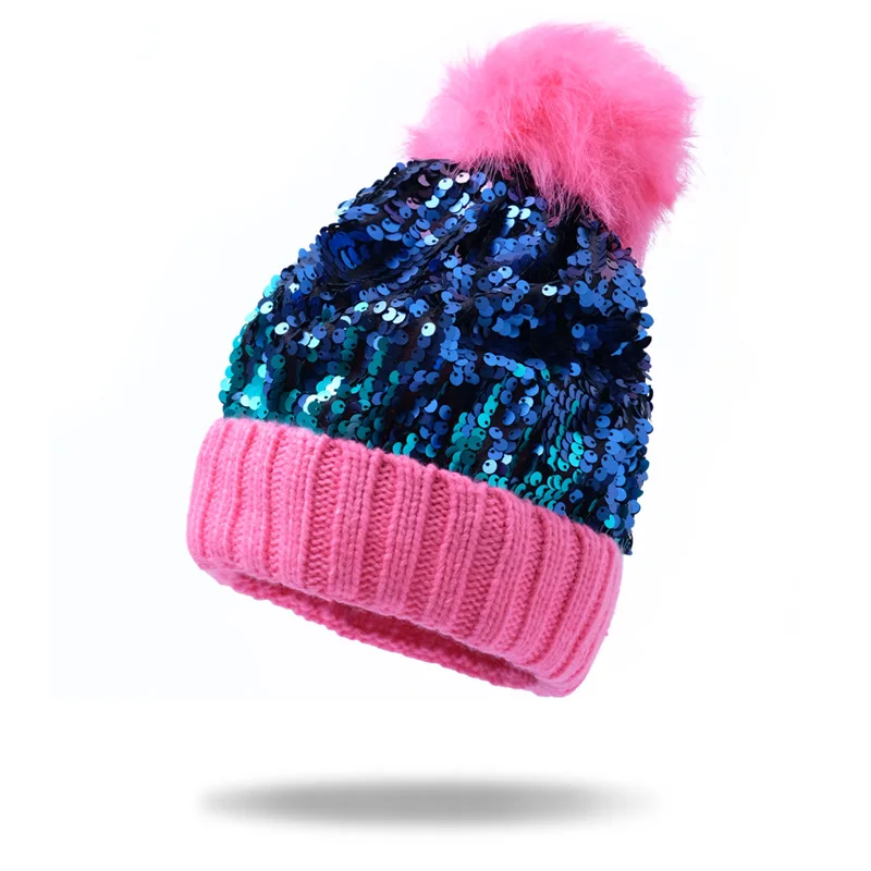 Cross-border new autumn and winter sequin knitted hat Ladies fur ball fashion thick winter hat Baotou sequined woolen cap