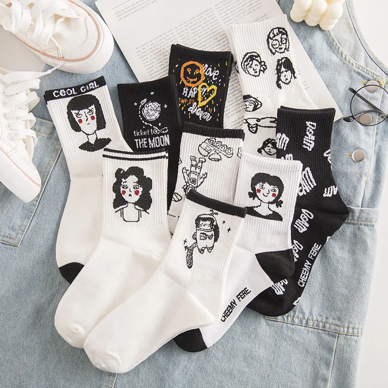 New Harajuku Women Creative Graffiti Tube Socks Wild Girl Long Tube Character Avatar Ins Tide Letter Cotton Socks