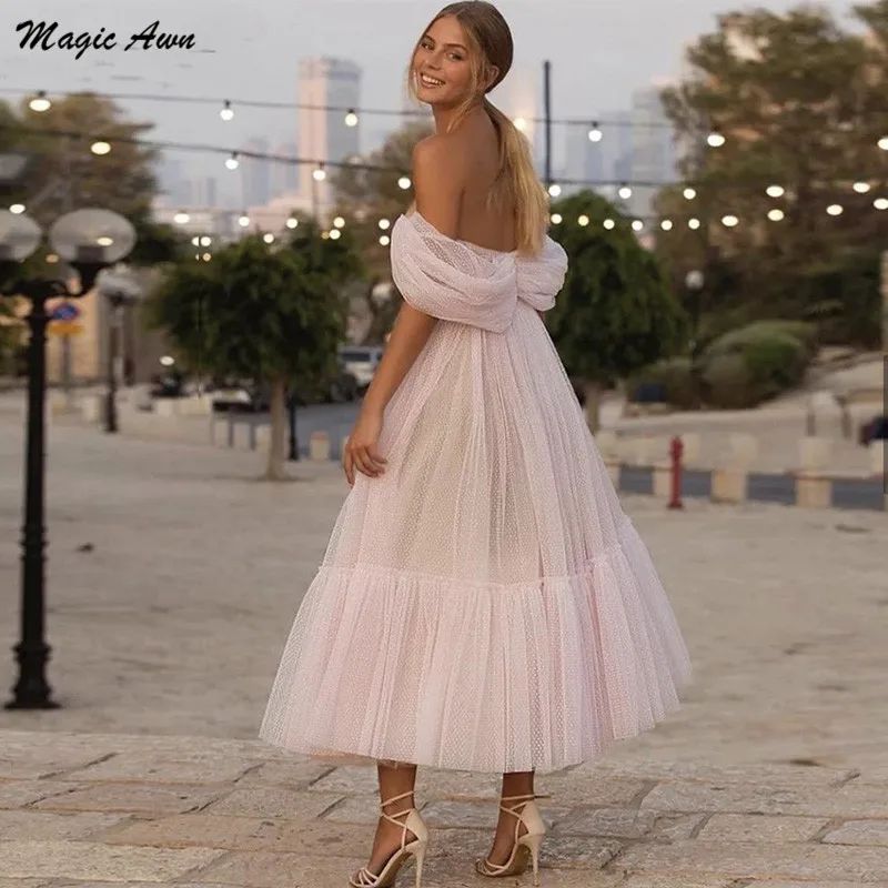 Magic Awn Light Pink Tea-Length Prom Dresses Off The Shoulder Tulle Short Evening Party Gowns A-Line Puffy Robe De Soirée 2024