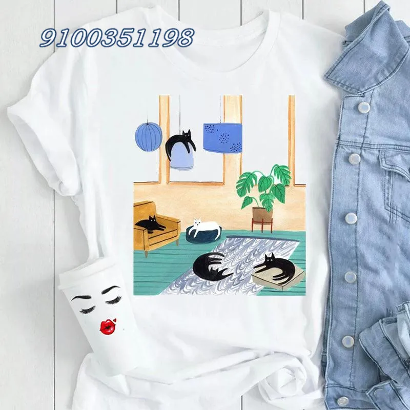 

Kawaii Watercolor Cat Plant Women Graphic Tshirt Print 90s Fashion Short Sleeve Cartoon T-Shirt Female Clothes Top Tees Tshirt