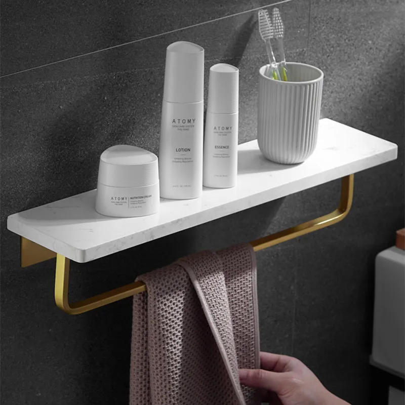 

Bathroom Shelf Wall Mounted Or Nail Free Bath Shower Shelf With Towel Holder Marble Bath Shampoo Holder Rack Basket Holder