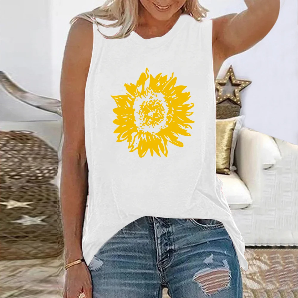 Seeyoushy Harajuku Sleeveless Women T-shirt Sunflower Print Summer Tee Shirt Femme Aesthetic  Streetwear Round Neck Tops