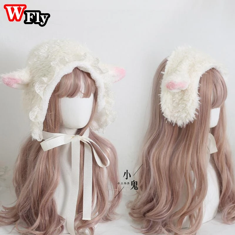 Japanese Harajuku Women's Girls Cute Plush Sheep Ears Ushanka Hat Sweet Lolita Lovely Furry Cap Ear protection Hats Headdress